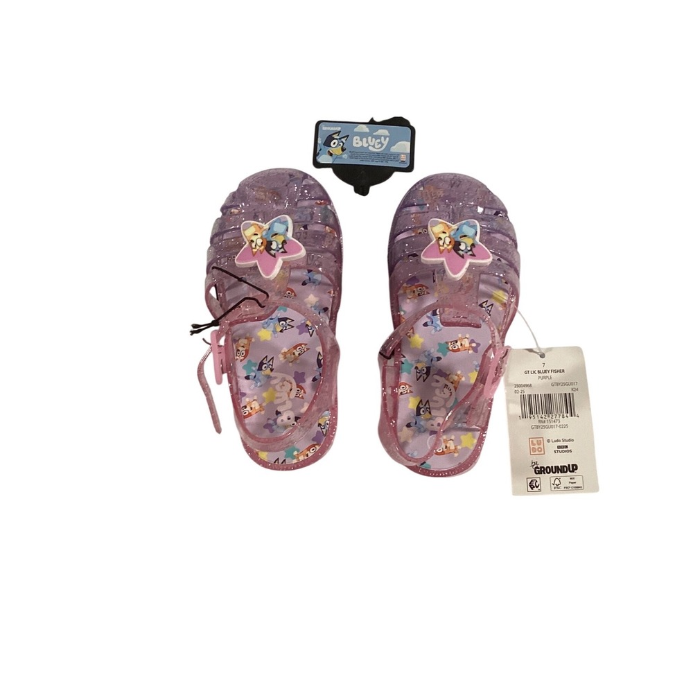 Bluey Ground Up Kids Purple‎ Glitter Jelly Sandals Fisherman Shoes Size 7 NEW